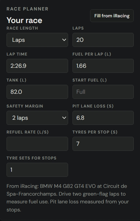 Grid Central Race planner filled from iRacing for a BMW M4 GT4 at Spa-Francorchamps: race length, lap time 2:26.9, fuel per lap 1.66 litres, tank, safety margin, pit lane loss and tyre settings.