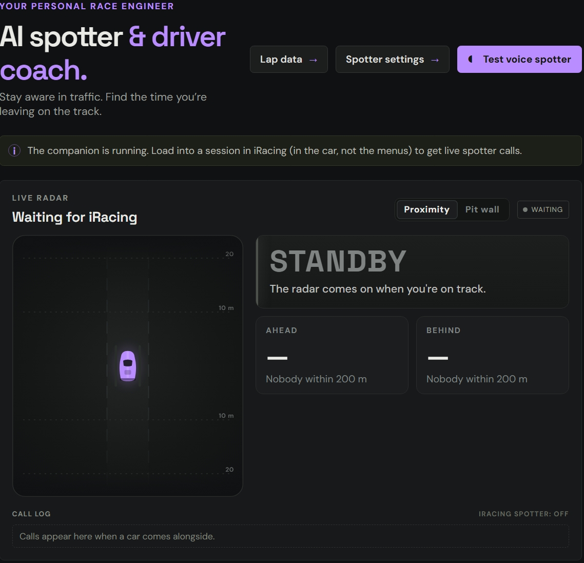 Grid Central AI spotter screen: a top-down live radar around your car with distance rings, the current spotter call, gaps to the cars ahead and behind, and the call log.